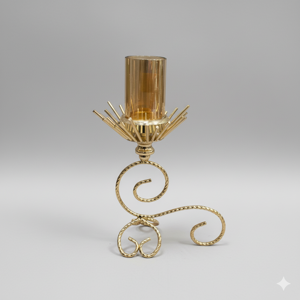 10.5 Inch Golden Scrollwork Candle Holder With Sunburst Detail | Unique Bazar