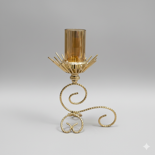 10.5 Inch Golden Scrollwork Candle Holder With Sunburst Detail | Unique Bazar