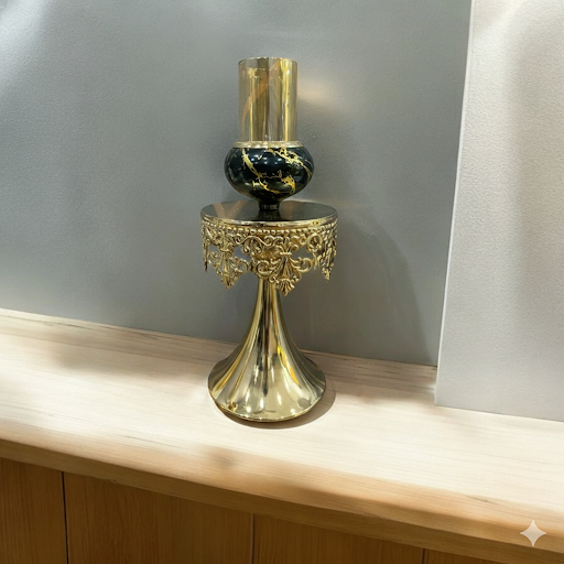 Unique Bazar: Ornate Gold & Black Marble Candle Holder