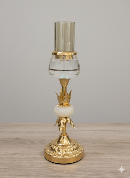 13 Inch Gold & Clear Glass Candlestick With Leaf Detail   | Unique Bazar