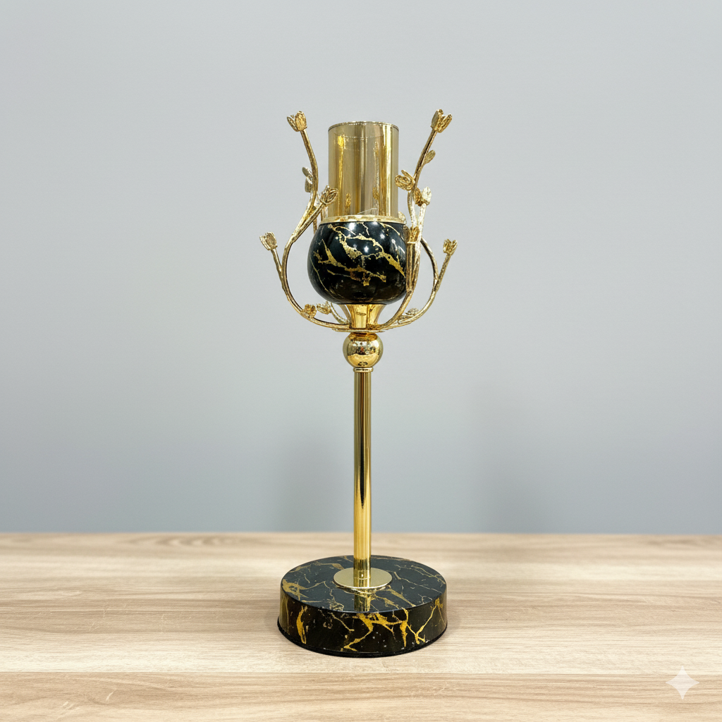 Unique Bazar: Artisanal Gold & Black Marble Candlestick