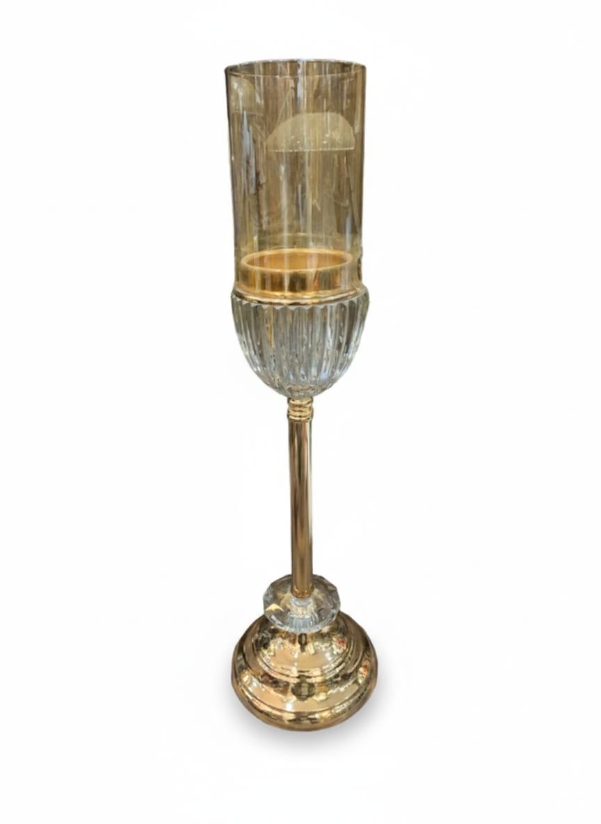 Artisanal 17" Gold Ribbed Glass Candle Holder - Unique Bazar