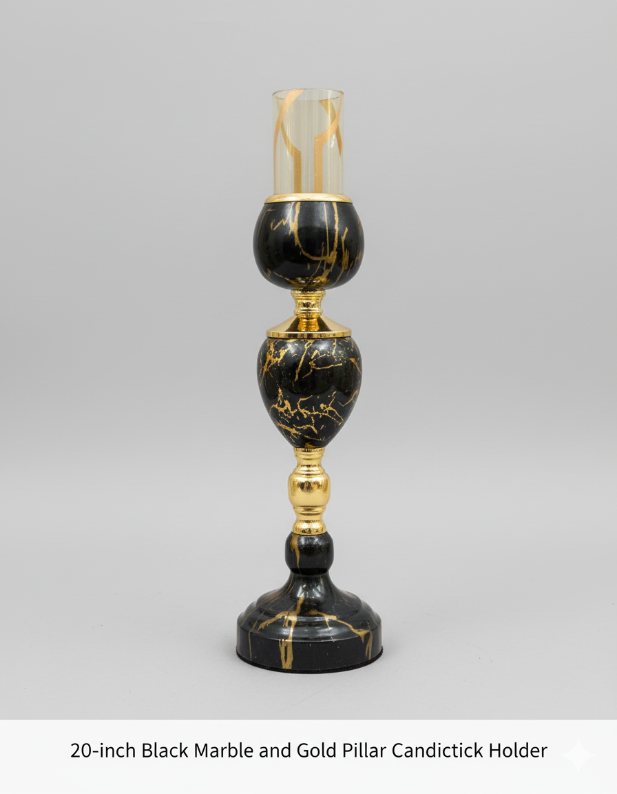 Unique Bazar: Black Marble & Gold Pillar Candlestick Holder