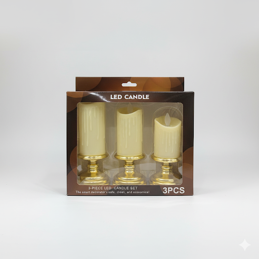 Led Flickering Candle With Golden Stand 3 Pcs Set | Unique Bazar