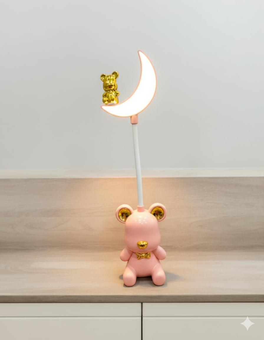 Pink Bear Moon Lamp With Gold Accent | Unique Bazar