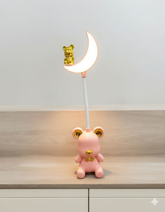 Pink Bear Moon Lamp With Gold Accent | Unique Bazar