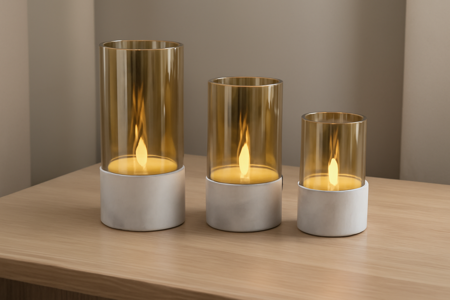 Set Of 3 Decorative Led Pillar Candles In Glass Holders | Unique Bazar