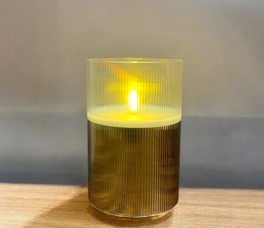 Modern Ribbed Gold Led Pillar Candle   6 Inch