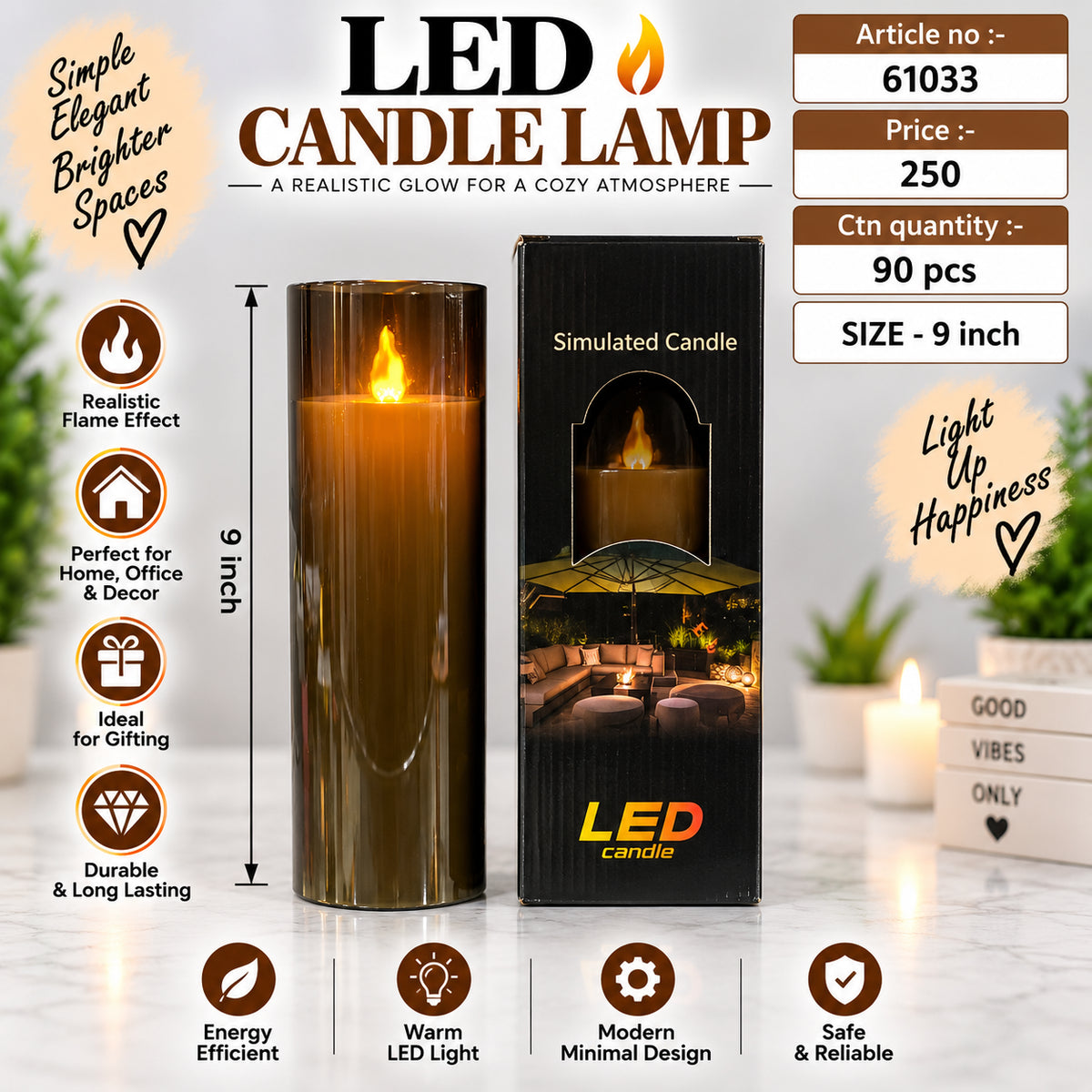 Tall Amber Glass LED Candle Lamp Pack of 3