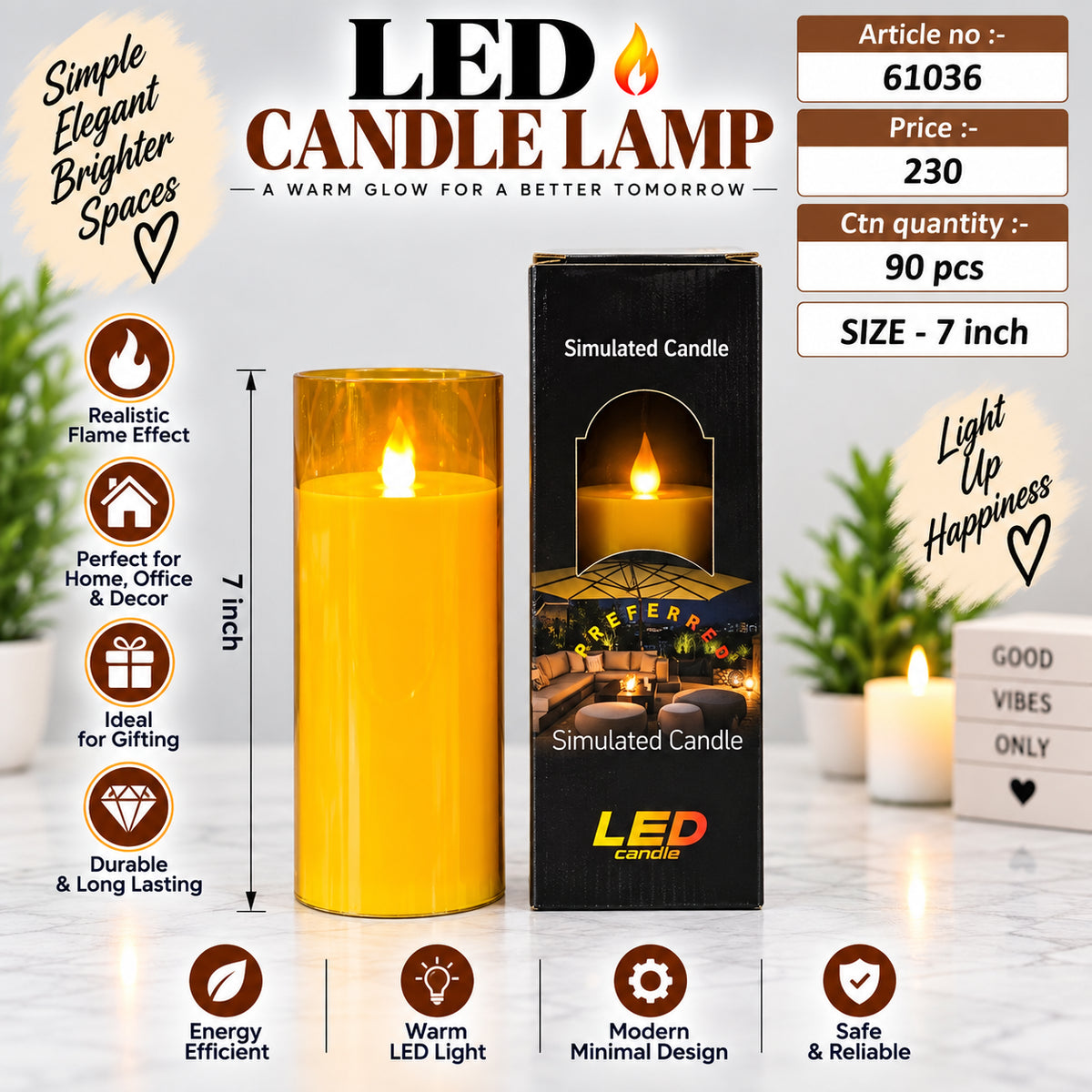 7-Inch Simulated LED Candle Lamp Pack of 3