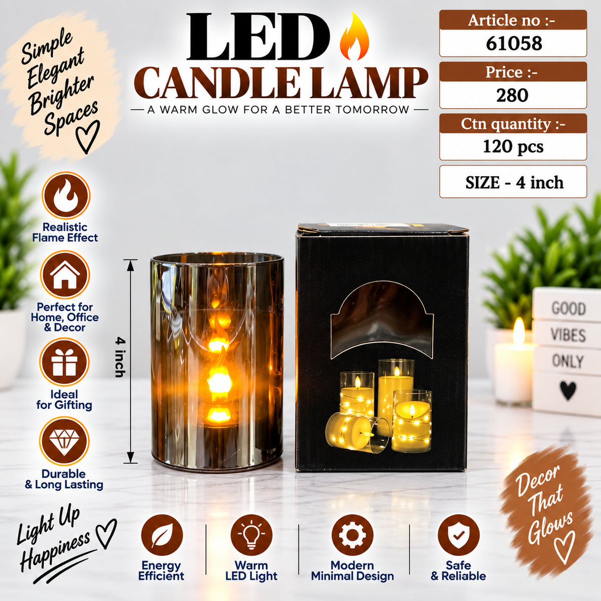 LED Candle Lamp with Metallic Holder Pack of 3