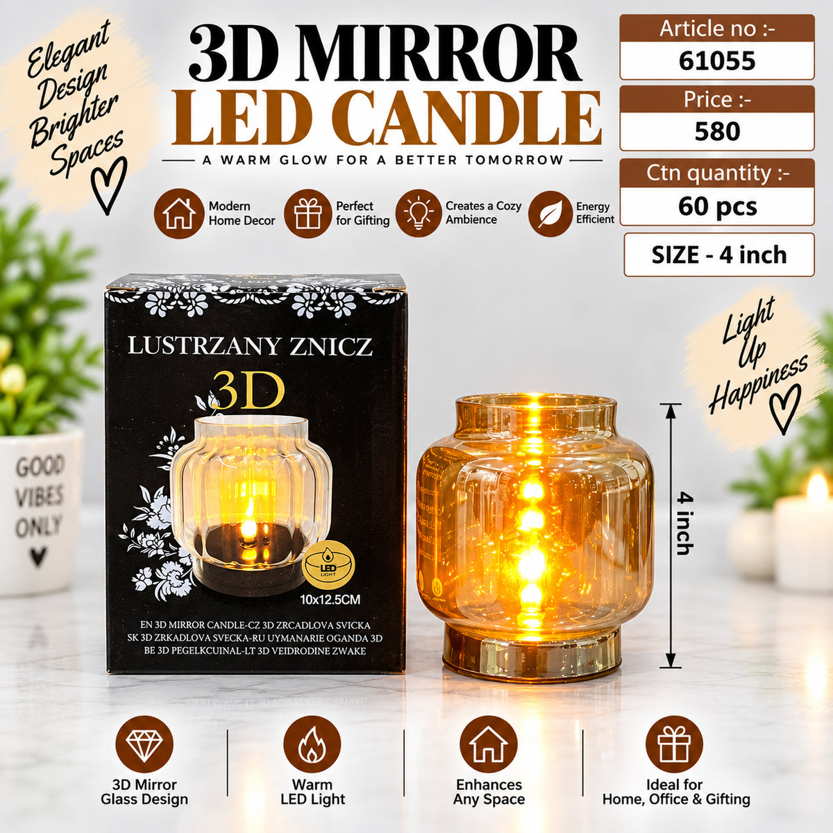 3D Mirror Glass LED Candle Pack of 3