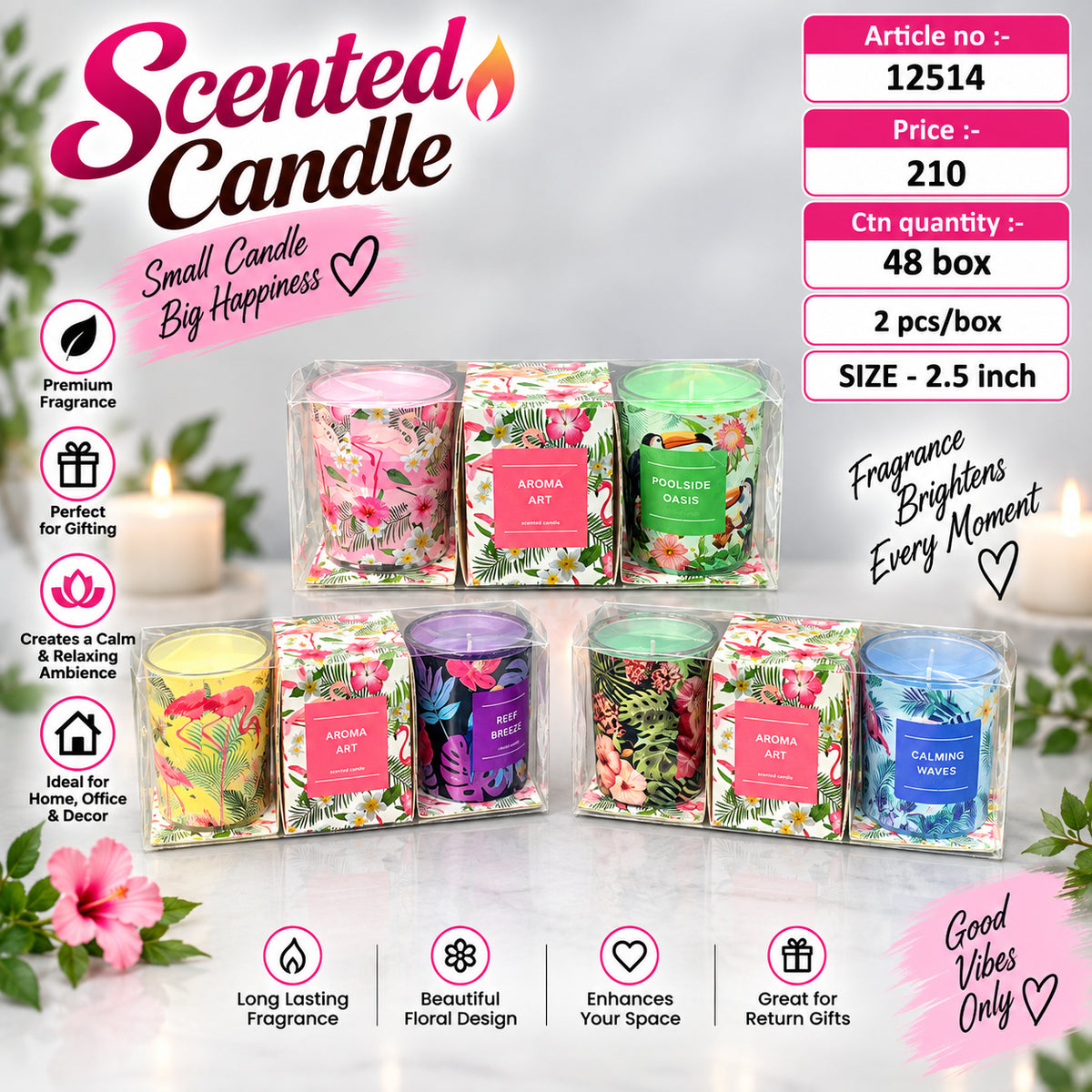 Floral Scented Glass Jar Candle Pack of 6