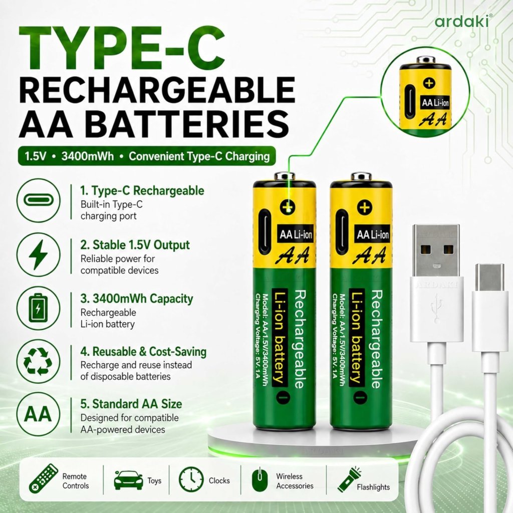2 Pcs Type C Rechargeable Batteries