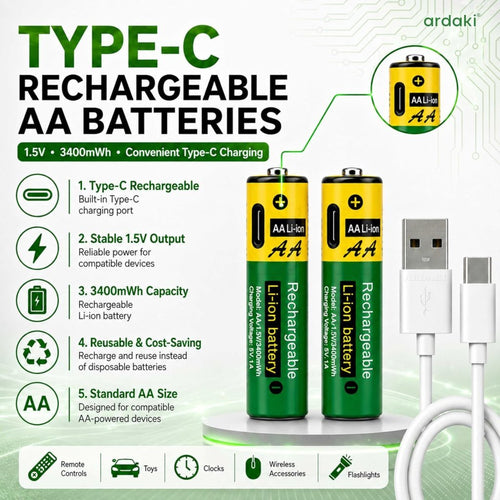 2 Pcs Type C Rechargeable Batteries