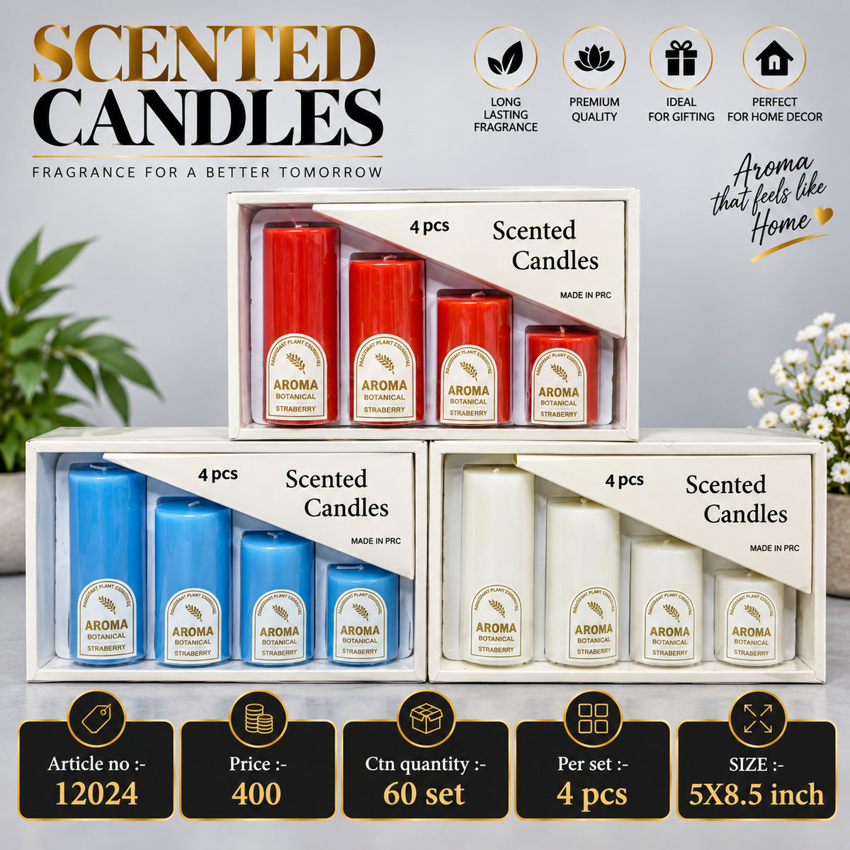 Strawberry Scented Pillar Candles Pack of 3