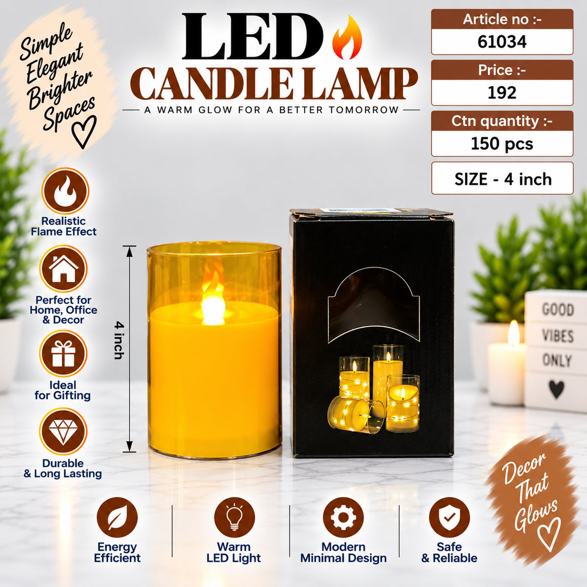 Amber Glass LED Candle Lamp Pack of 6