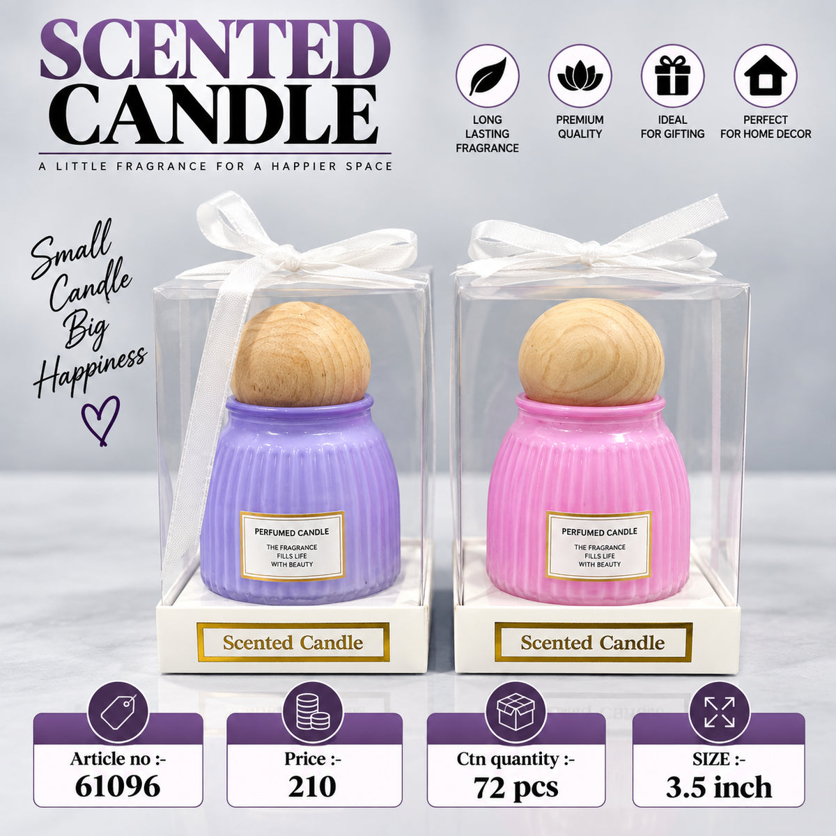 Ribbed Jar Scented Candle with Wooden Lid Pack of 3