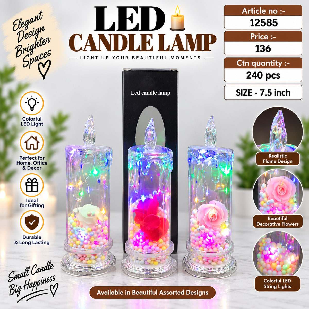 Decorative LED Candle Lamp with Flowers Pack of 6