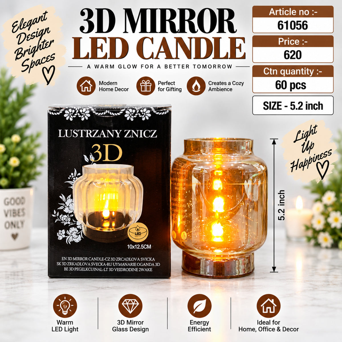 3D Mirror Glass LED Candle Pack of 2