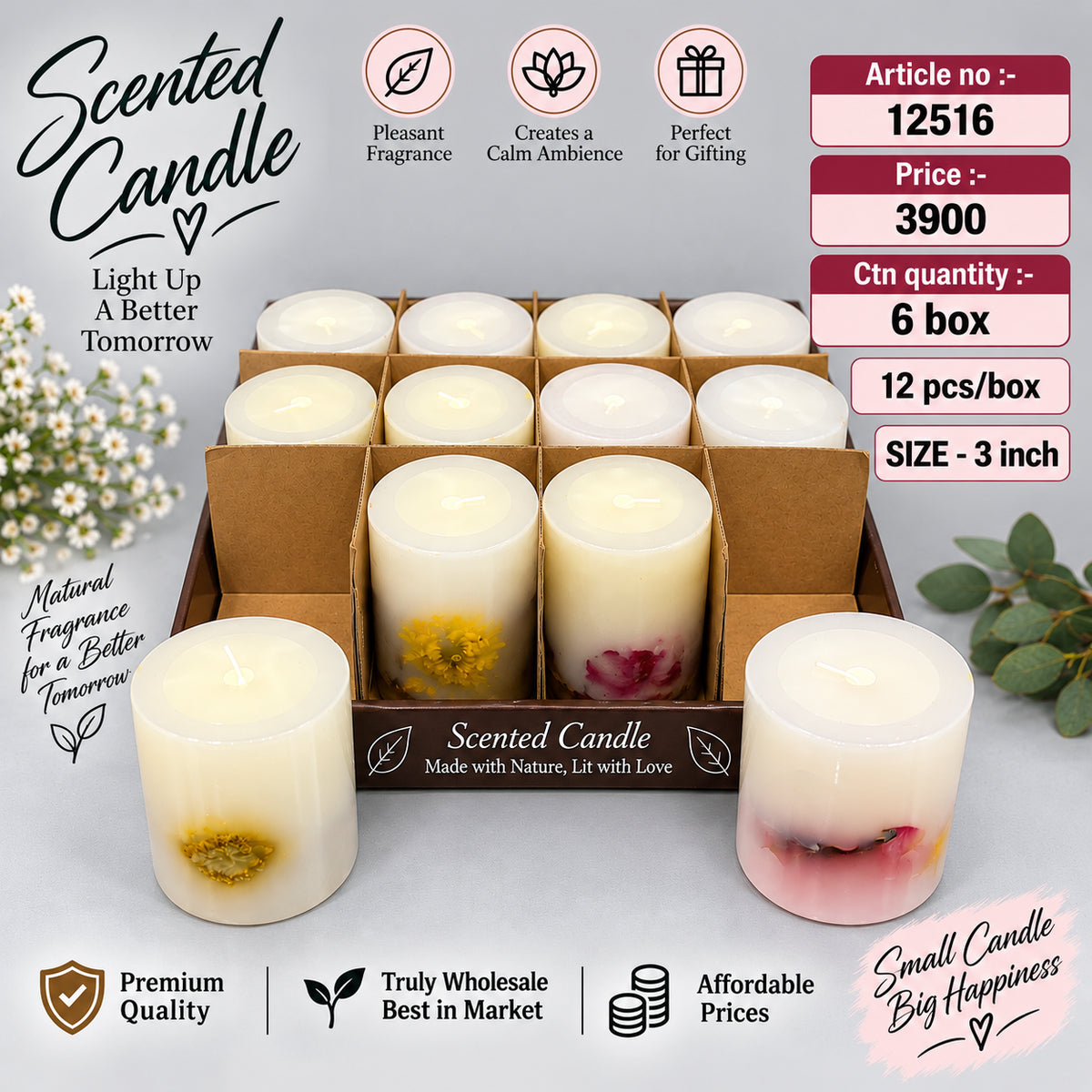 Floral Scented Pillar Candle Pack of 12