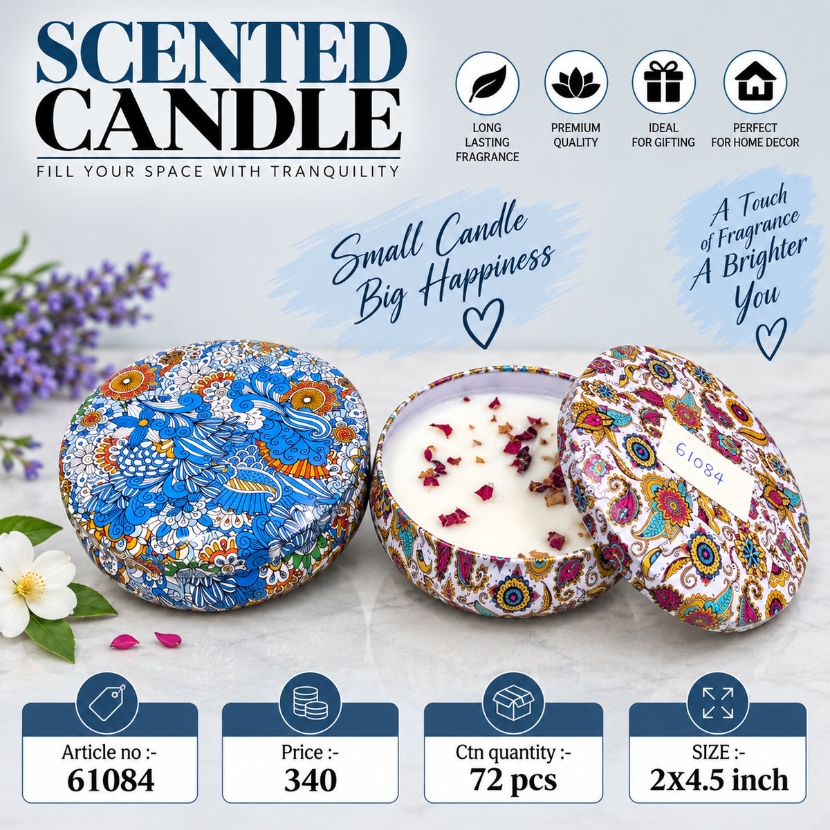 Decorative Floral Printed Scented Candle Pack of 3