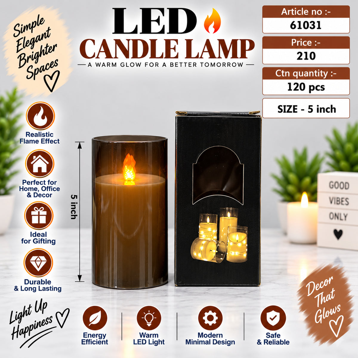 Amber Cylindrical LED Candle Lamp Pack of 3