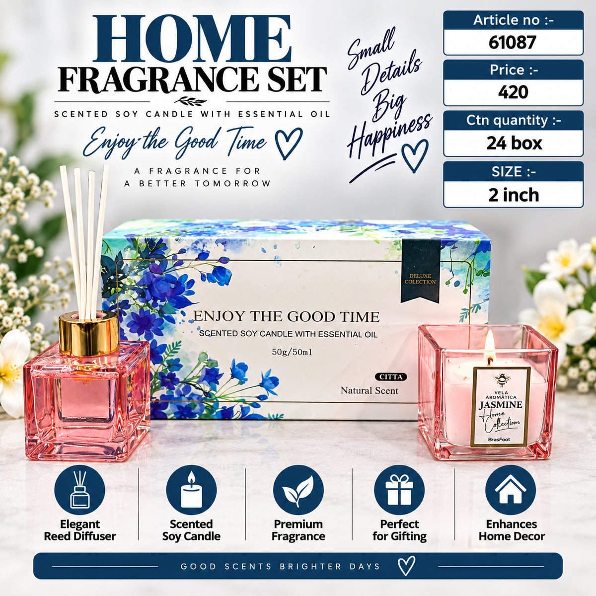 Scented Soy Candle and Reed Diffuser Home Fragrance Set Pack of 3