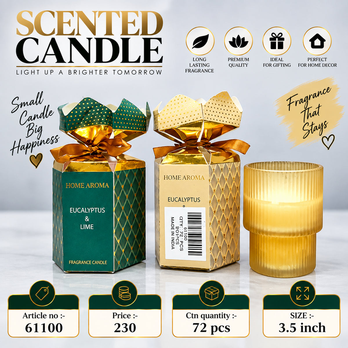 Eucalyptus & Lime Scented Candle in Ribbed Gold Glass Pack of 36