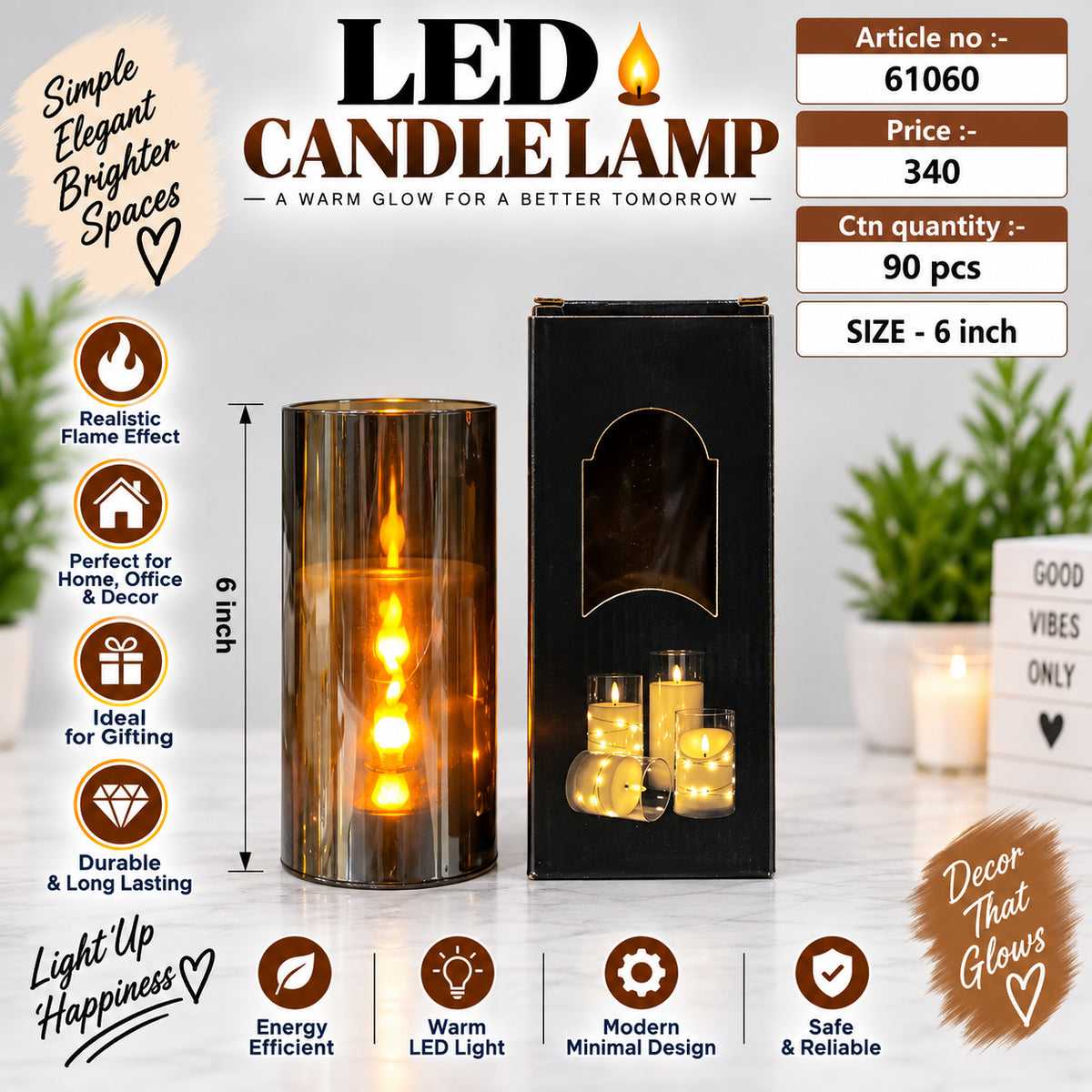 Metallic Cylinder LED Candle Lamp Pack of 3