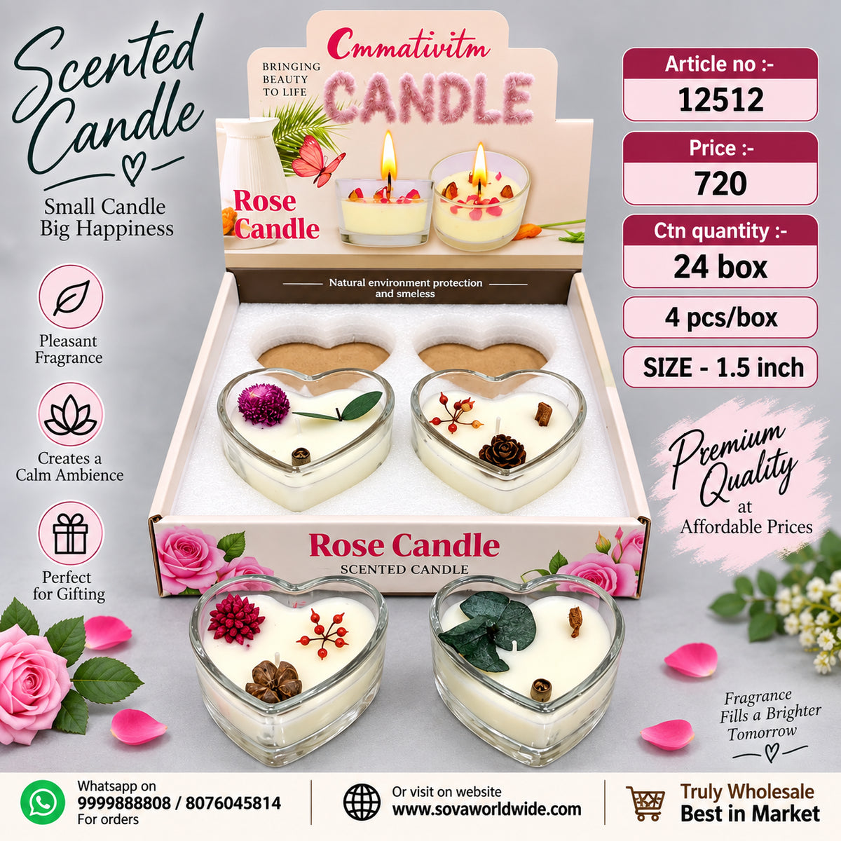 Rose Scented Heart-Shaped Candle Pack of 8