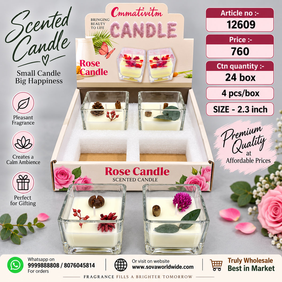 Rose Scented Candle in Glass Holder Pack of 8