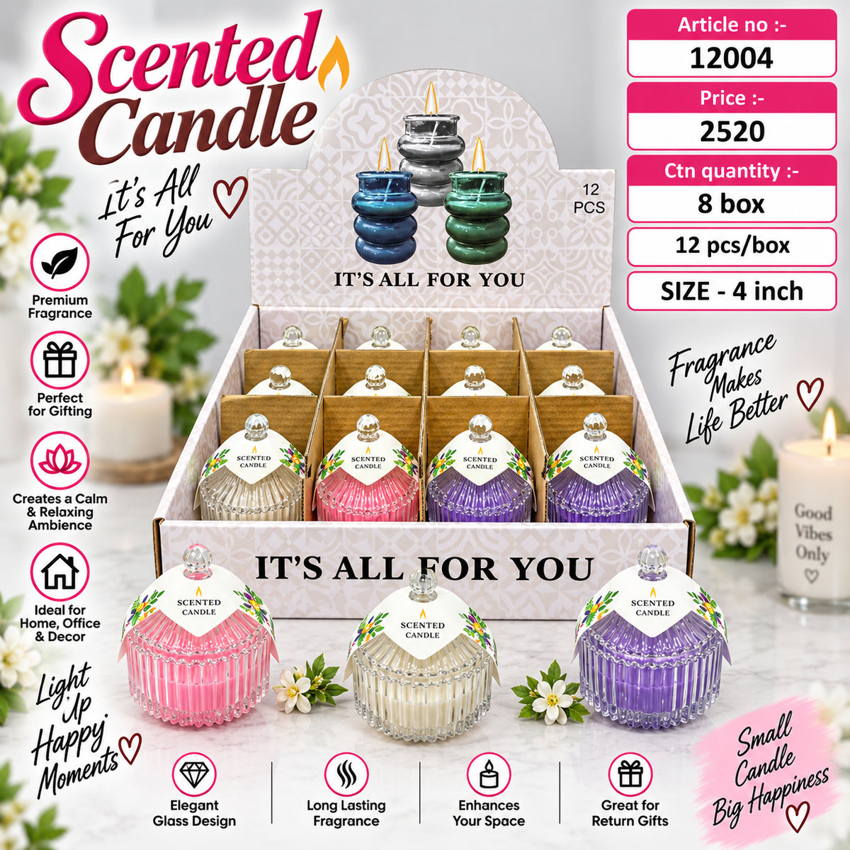 Fluted Glass Scented Wax Candle Pack of 12