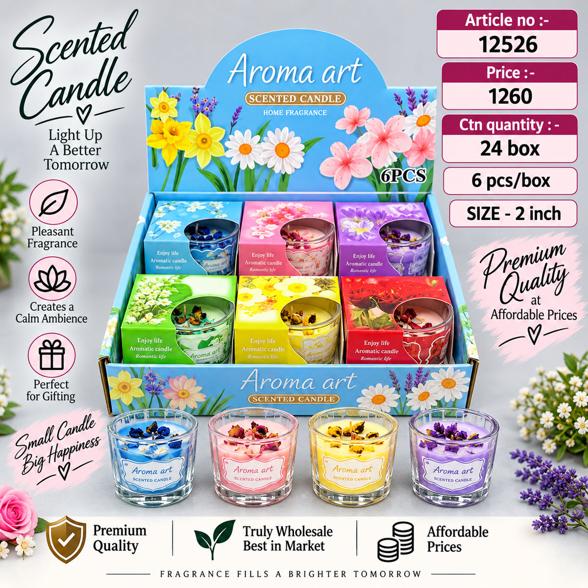 Floral Scented Candle in Glass Jar Pack of 12