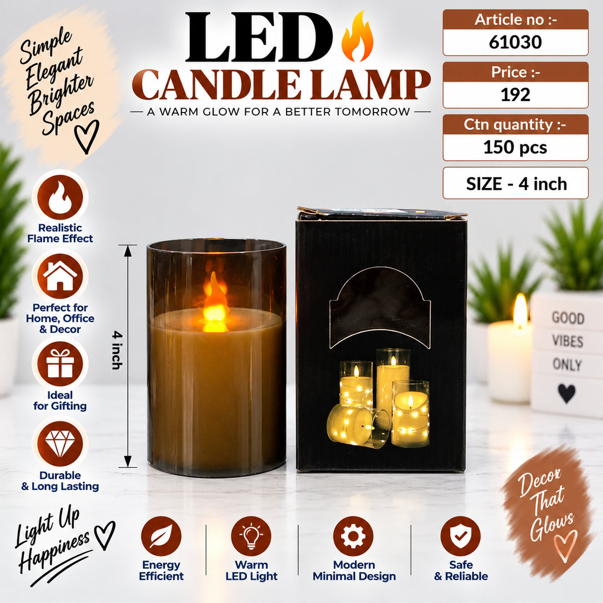 Amber Glass LED Candle Lamp Pack of 6